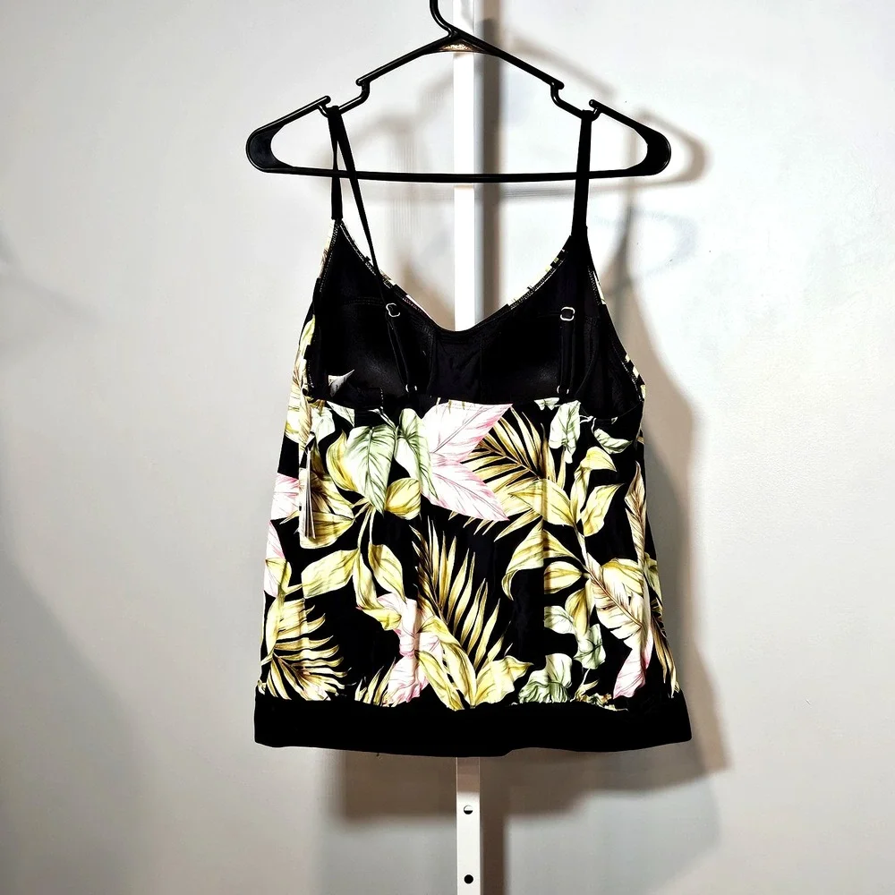 NWT Lands End Women's Size 14 Tankini Top Black w/Tropical Leaf Pattern UPF 50